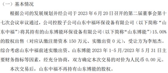 欧宝app中福环保控股子公司山东中福将其持有的山东博能15%的股权以0元的价格出